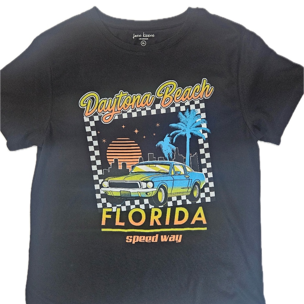 Daytona Beach Florida Shirt Mens XL Black Racing Car Graphic Tee Free Kisses NEW